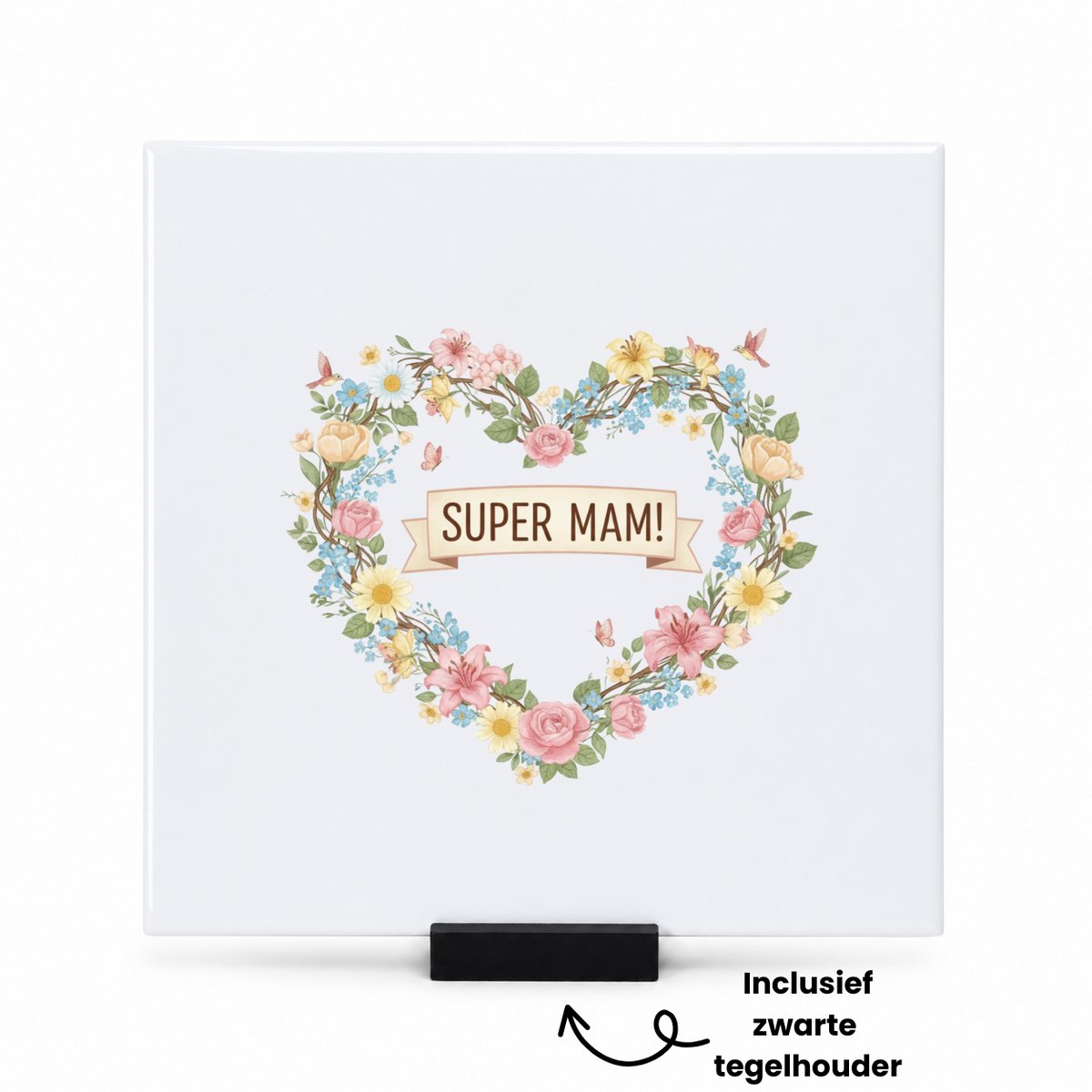 Hacebo Super mam! tegeltje met tegelhouder - Mama - Super mama - tegeltjes met tekst - moederdag cadeautje - Cadeau voor mama - Verjaardag - Geschenk - Cadeau - Gift - spreuktegels - 15x15 CM Wit
