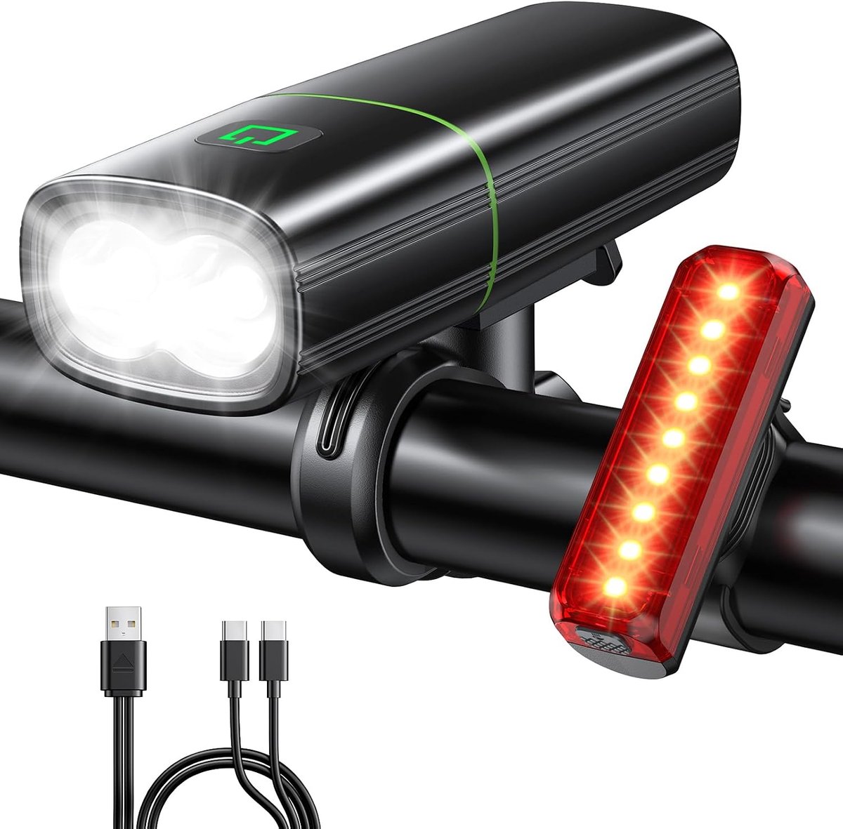 SnelShoppen - Fietslichten set 1200LM LED voor en achter, USB oplaadbaar, 2600mAh, 8 modi, IP65 waterdicht, mountainbike verlichting voor nachtelijk g
