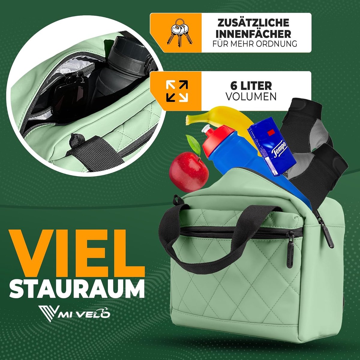 SnelShoppen - Fiets Handlebar Bag, Waterdichte Fietstas, Geschikt voor E-Bike, Ruimte voor Accessoires, Mint Groene Kleur, Multifunctioneel met Schoud