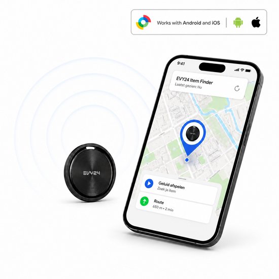 Zwarte EVY24 tracker en smartphone met kaartweergave. Werkt met Android en iOS. Toont 'Zoek je Item' en route.