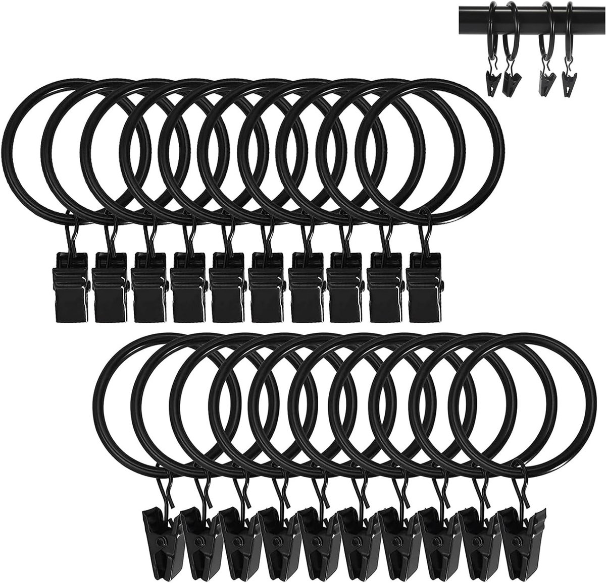 SnelShoppen - Ring Curtain Clips Zwart 20 Stuks - Sterke Metalen Gordijnringen met Klem - Vintage Stijl - Geschikt voor Gordijnstangen tot 2.5 cm - De