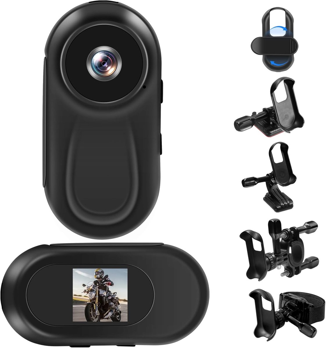 Thijox - Mini-actiecamera 360° Draagbare Sportcamera met 0,85 inch Display, HD 1080p Lichaamscamera, Helmcamera, Huisdiercamera, Motorrijcamera, Multi