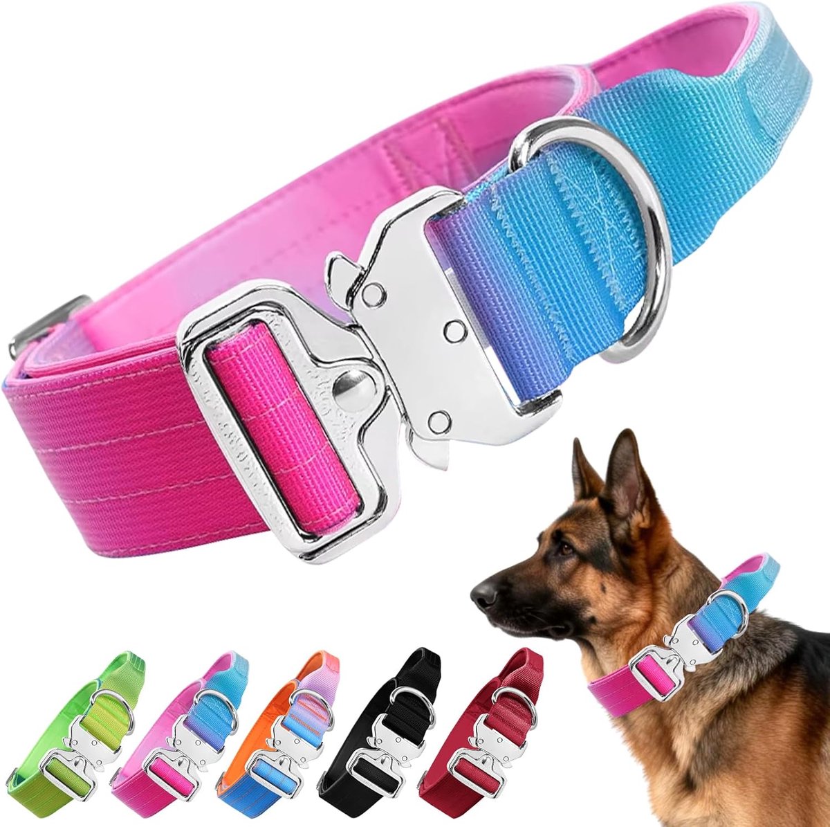 SnelShoppen - Tactische Hondenhalsband Verstelbaar Nylon met Bedieningsgreep voor Middelgrote en Grote Honden - Kleurverloop Roze Lichtblauw Paars - P