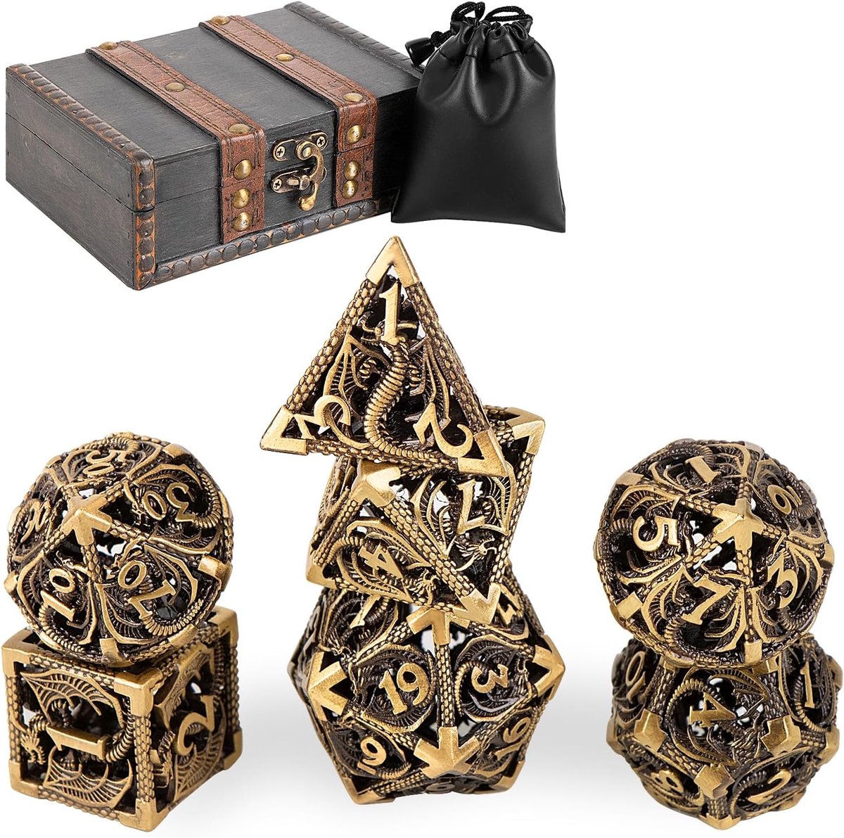 SnelShoppen - 7 Stuks Holle Metalen DND Dobbelstenen Set in Vintage Houten Doos en Tas - Premium Polyhedrische Dobbelstenen voor Dungeons and Dragons,