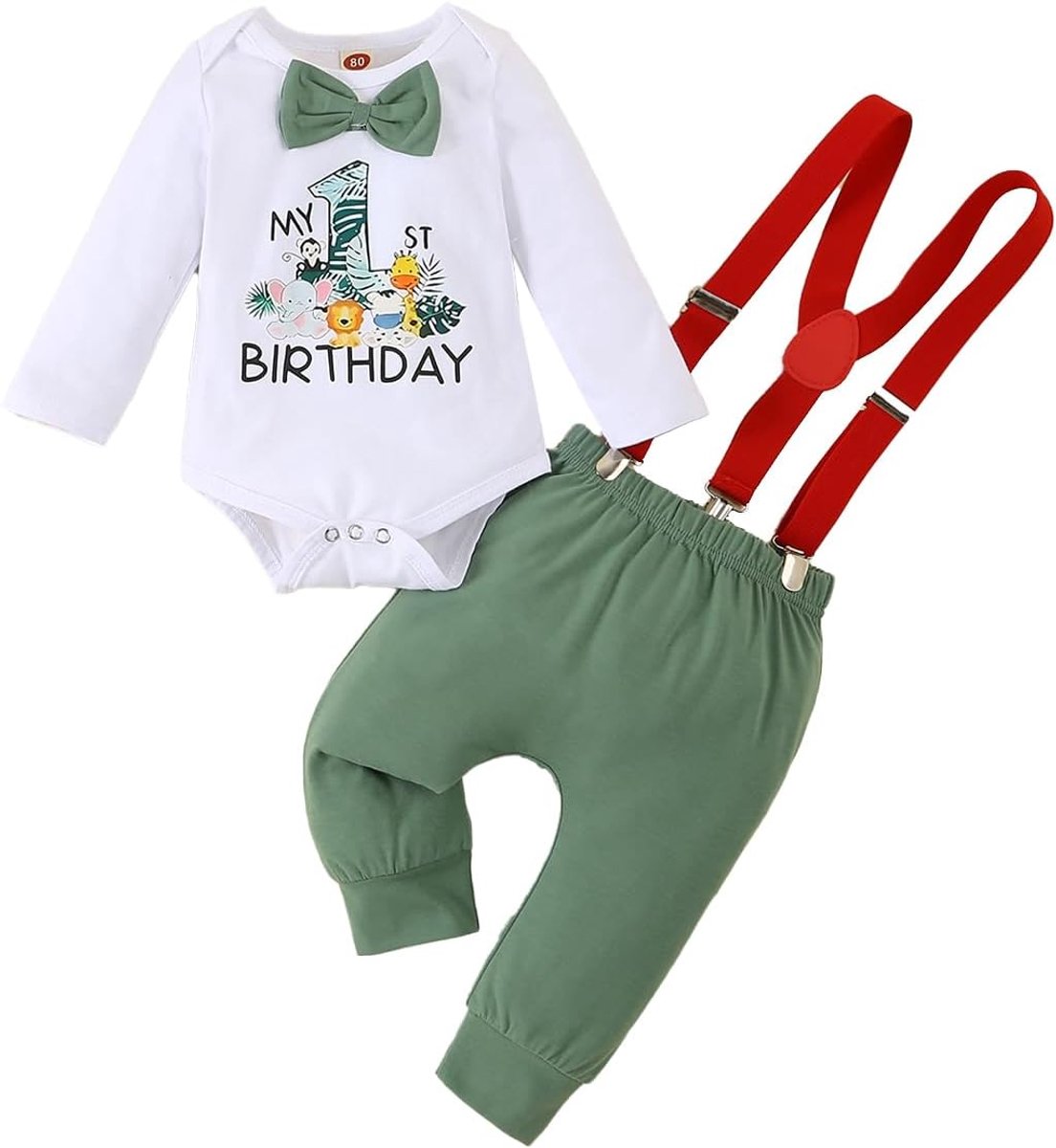 SnelShoppen - Baby Jongens My 1e Verjaardag Outfit Wild One Animal Gentleman Top met Vlinderdas + Bretels Shorts/Broek Zomer Herfst 2-delige Kledingse