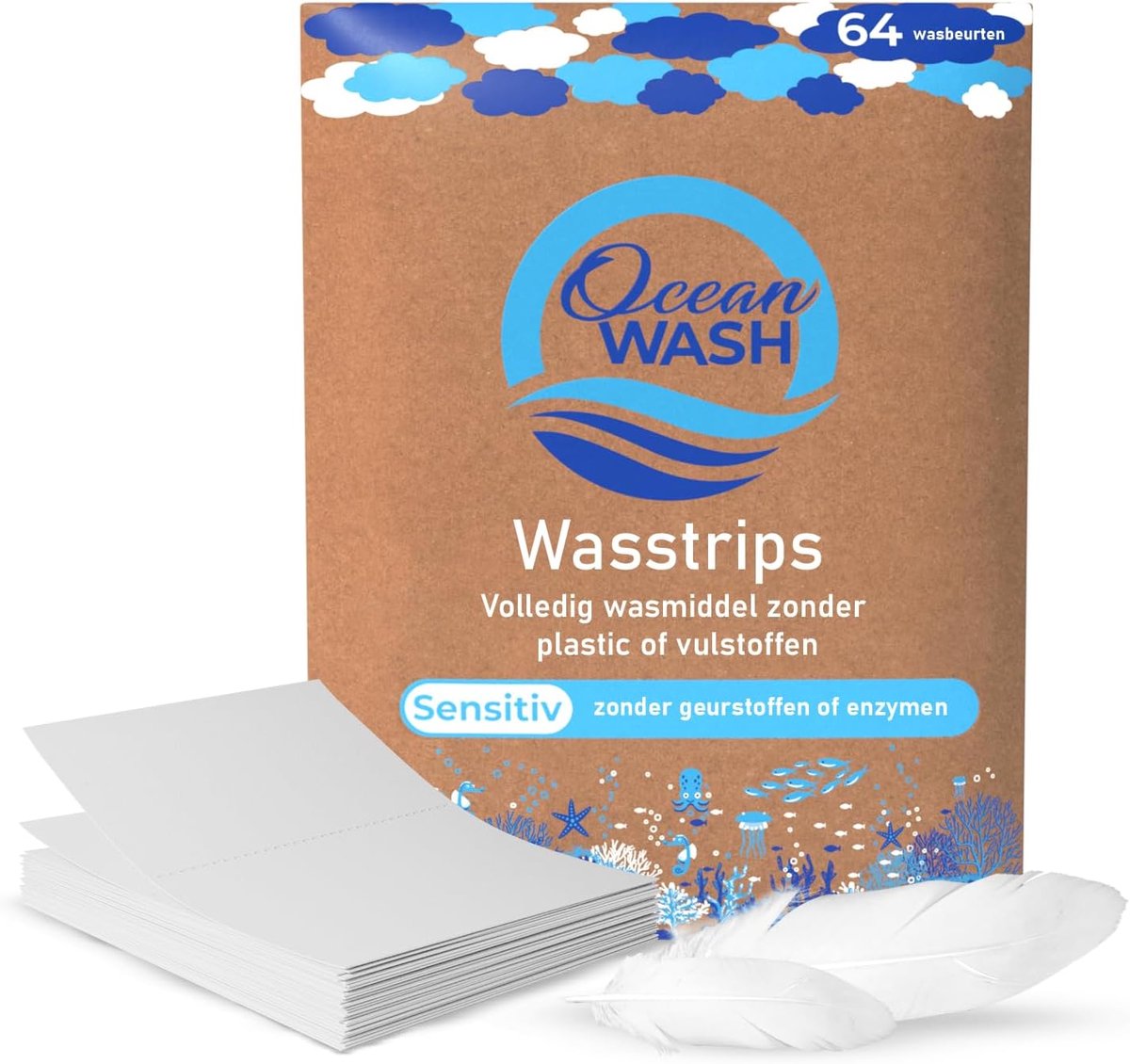 SnelShoppen - Wasstrips Sensitive, Biologisch Afbreekbare Wasmiddel Strips voor Alle Textielsoorten en Kleuren, 64 Wasbeurten, Eco-vriendelijk en Duur