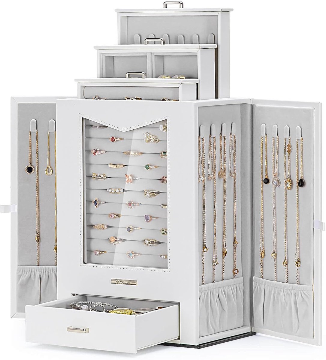 SnelShoppen - Luxe Sieradenbox van Echt Glas - Elegante Wit Faux Leer - Organiser voor Kettingen, Ringen, Oorbellen en Armbanden - Perfect Cadeau voor