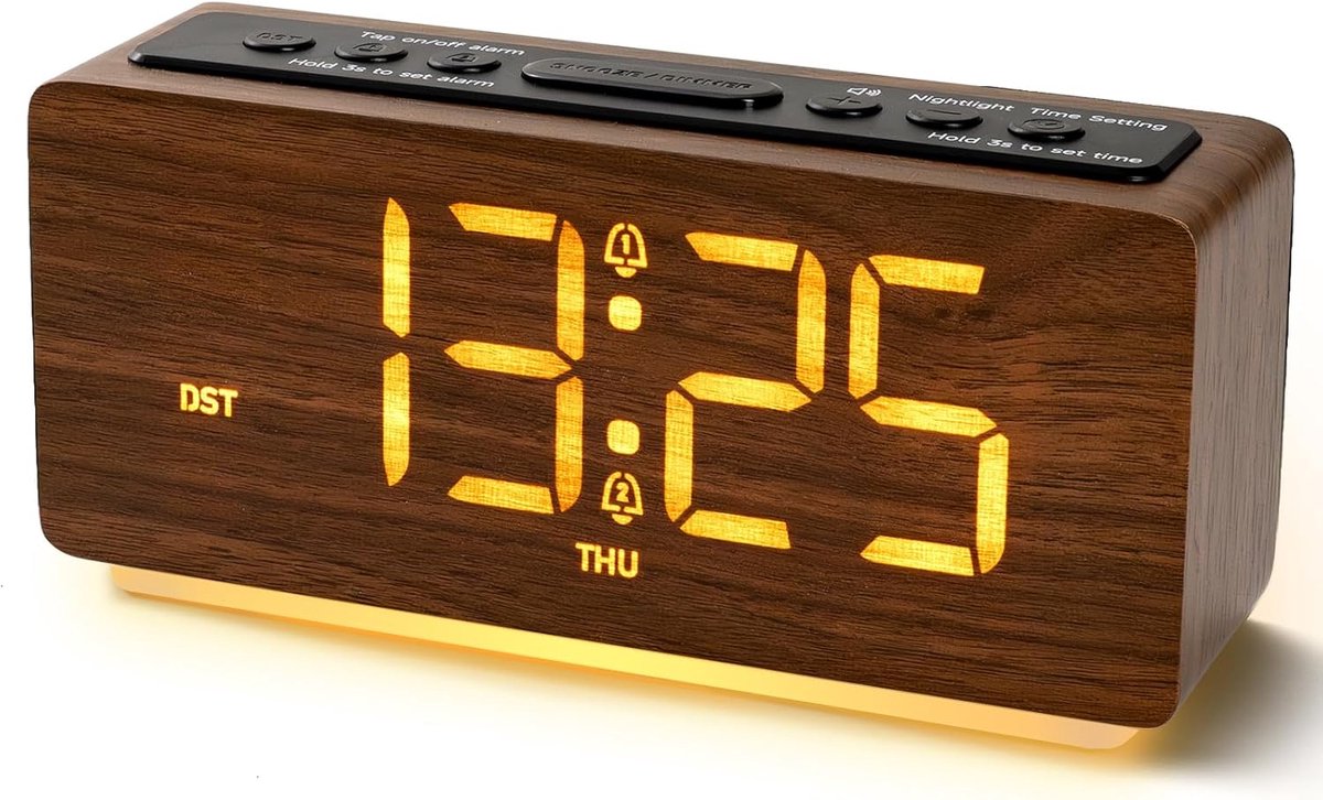 SnelShoppen - Digitale Wekker Houten Wekker met Licht, USB-C Oplaadbaar, Dubbel Alarm, 4 Volume- en Helderheidsdimmer, Snooze, Nachtlampje voor Slaapk