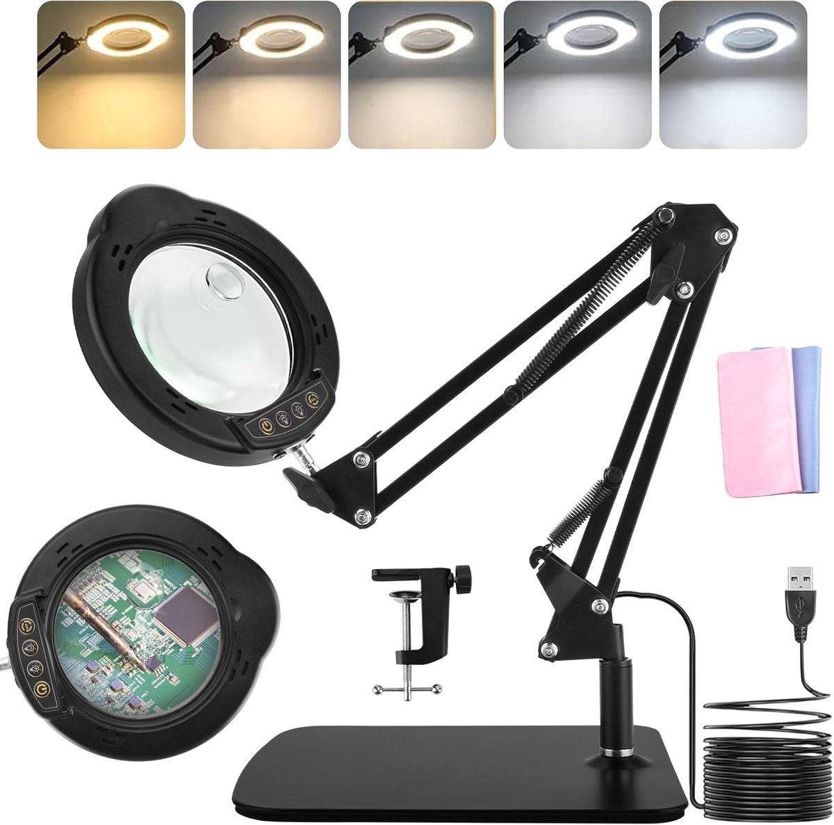 SnelShoppen - 2-In-1 Vergrootglas met Licht en Standaard, 10-15X LED Vergrootlamp met Klem, 5 Kleurmodi, 9 Dimbare Niveaus, Handsfree Bureaulamp voor