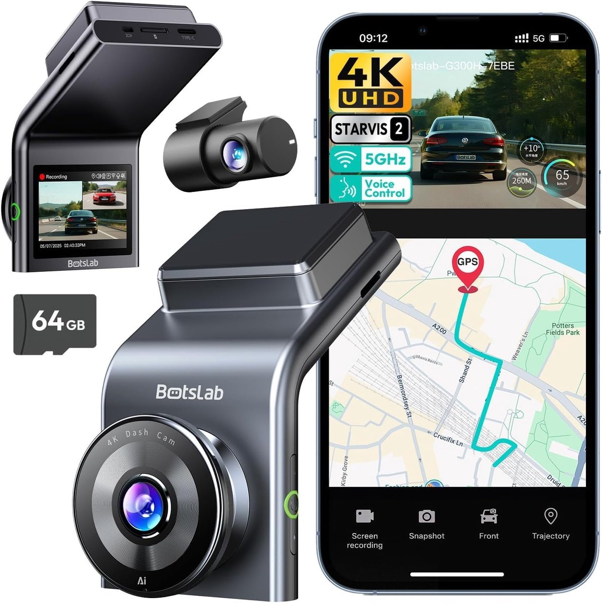 SnelShoppen - 4K Dashcam Voor en Achter met STARVIS 2-Sensor, WDR, 64 GB SD-kaart, Spraakbesturing, 5.8 GHz Wifi, GPS, Nachtzicht, Dual-Kanaals, Tot 2