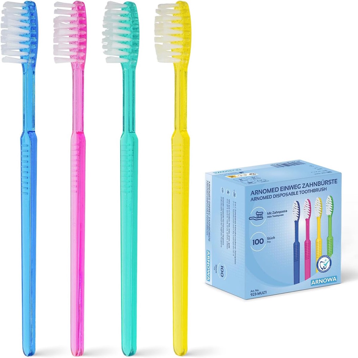 SnelShoppen - 100x Wegwerp Tandenborstels met Tandpasta, Individueel Verpakt, Reiskit Tandenborstels in Rood, Blauw, Groen & Geel, Mint Smaak, Ideaal