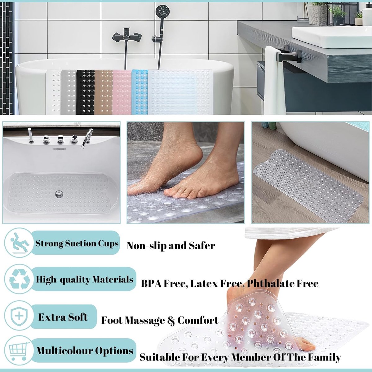 SnelShoppen - Extra Lange Douchemat 100x40cm, Antislip Badmat met Zuignappen, Waterdicht, Antimould en Machinewasbaar, Ideaal voor Kinderen en Ouderen