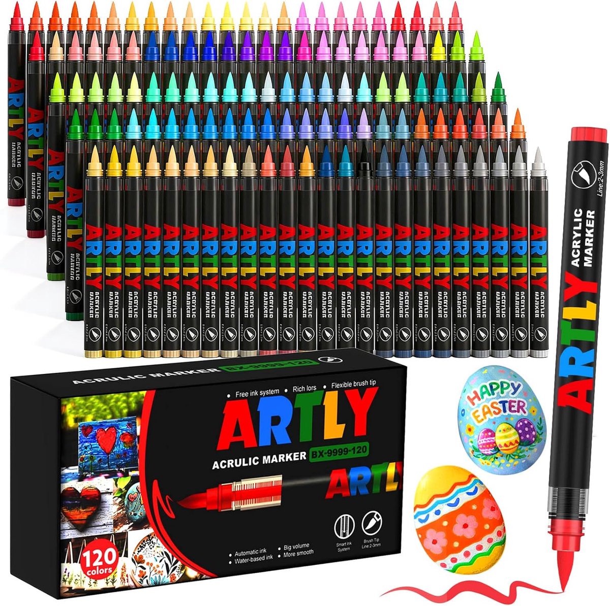 SnelShoppen - 120 Kleuren Acryl Stiften Set voor Steen, Waterdichte Brush Pens, Multimarkers, Acrylverf voor Hout, Textiel, Canvas, Professionele Kwal