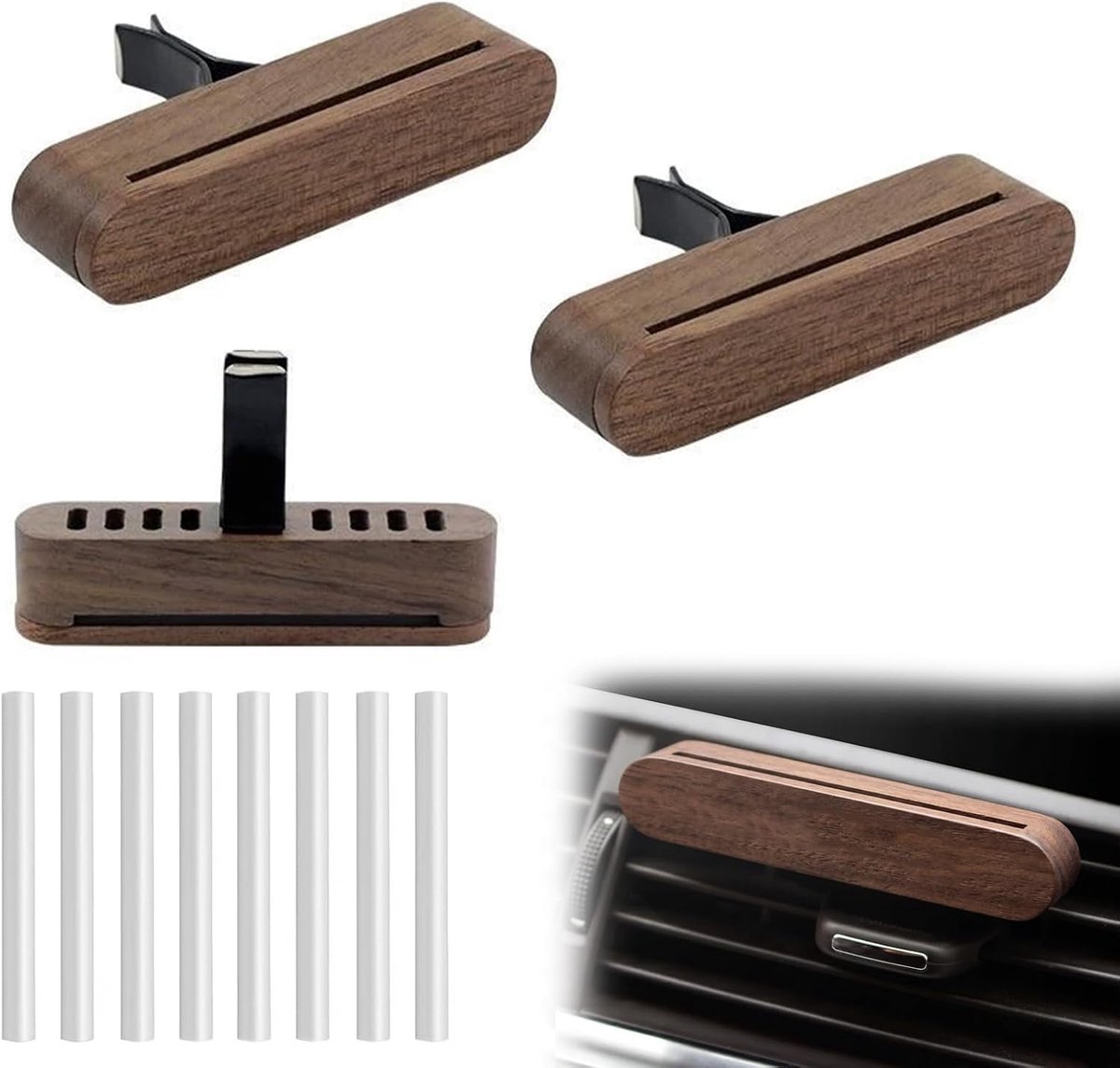 SnelShoppen - 2 Stuks Auto-Luchtverfrisser - Etherische Oliën Diffuser met 8 Reservestaafjes - Walnoot Hout Ventilatieclip - Aromatherapie in de Auto