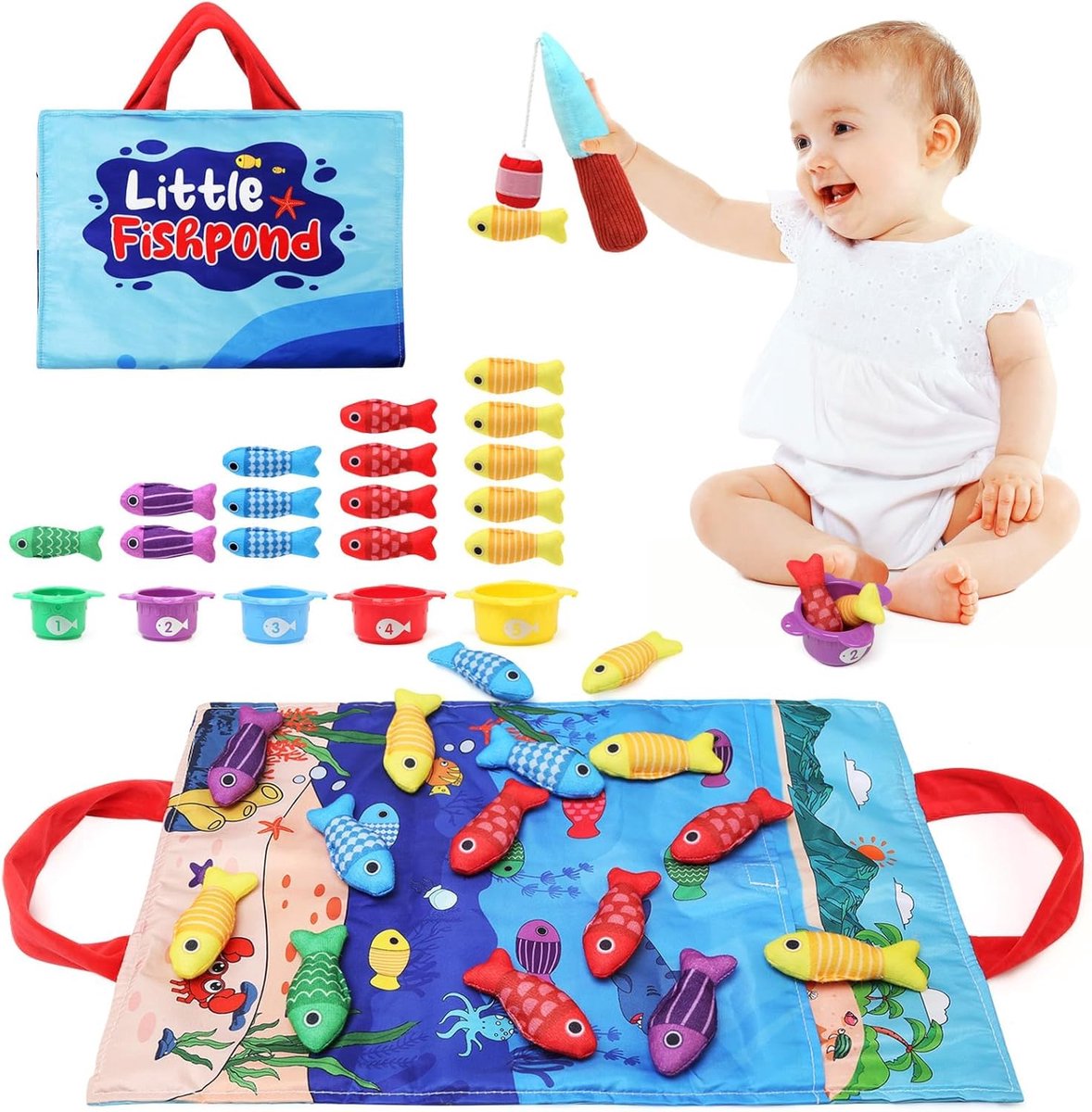 SnelShoppen - Montessori Baby Speelgoed 1 Jaar, Vissen Speelgoed voor Kinderen 1-2-3-4 Jaar, Educatief Motorische Vaardigheden, Kleurrijke Vissen en H
