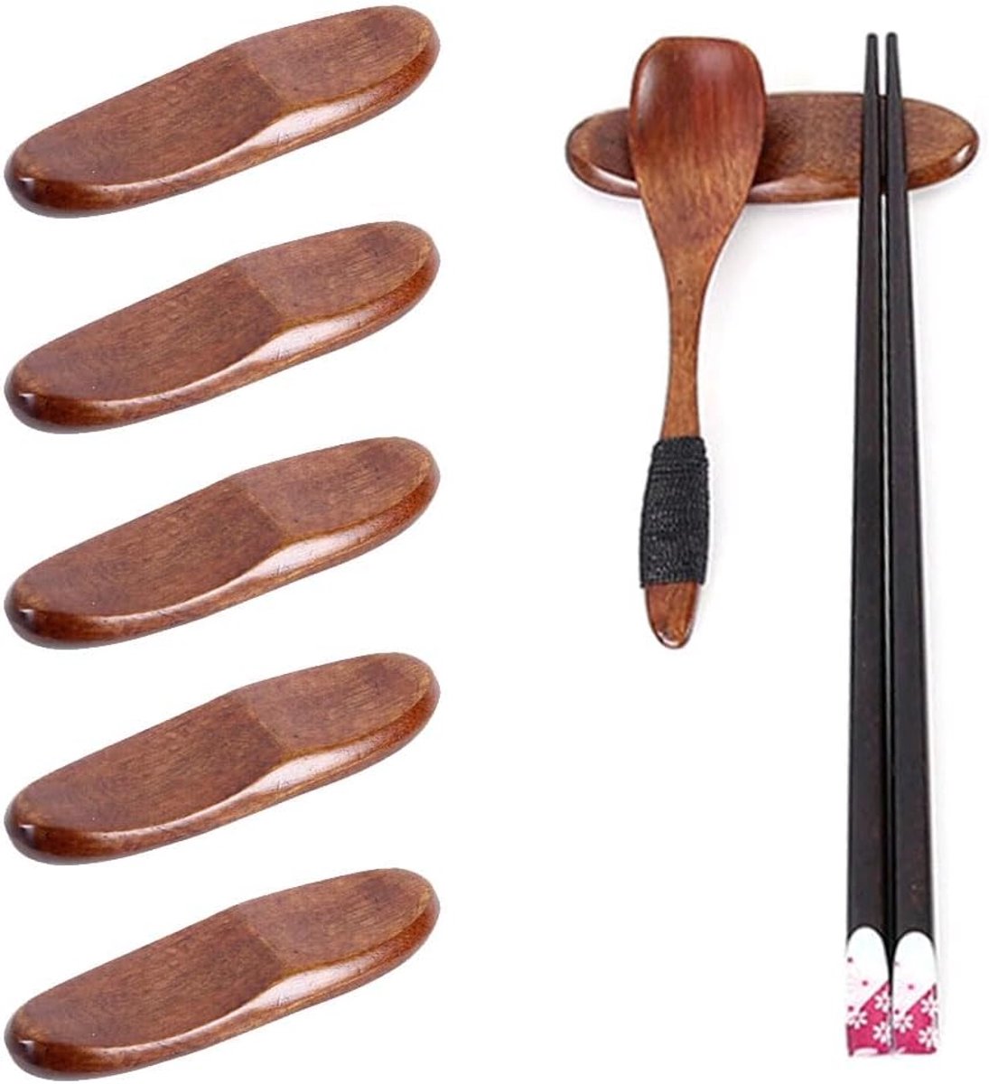 SnelShoppen - 5-delige Set Houten Chopsticks Houder - Japanse Stijl Vintage - Ideaal voor Tafelgebruik, Keukenaccessoires, Geschenkideeën, Lichtgewich