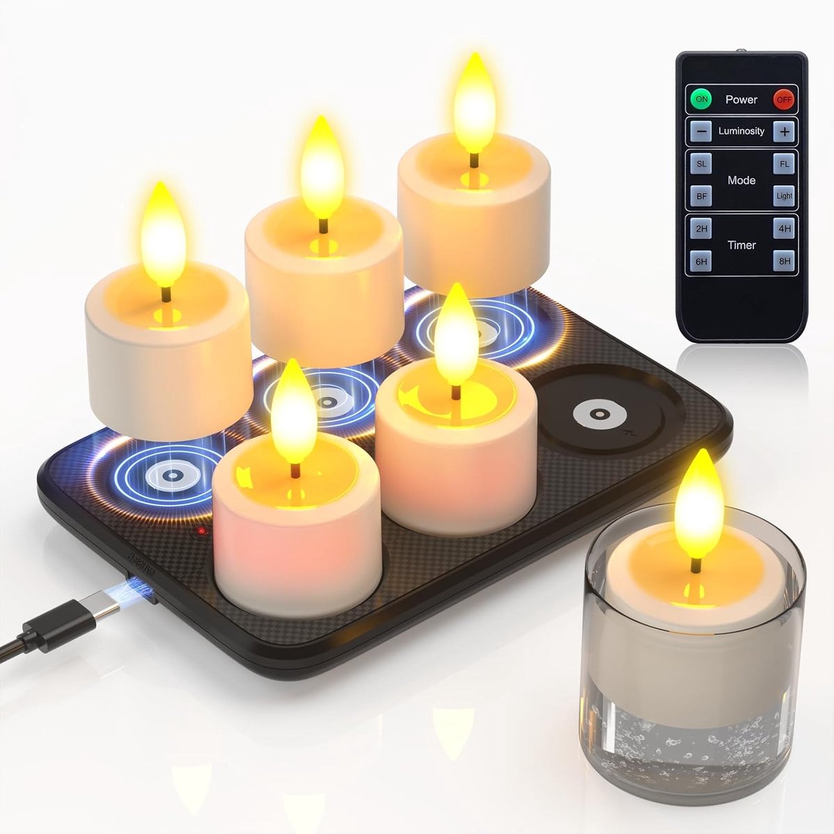 SnelShoppen - 6 Pack LED Theelichten Oplaadbaar met Magnetische Oplaadstation - Flickering Kaarsen met Afstandsbediening en Timer - Waterdicht voor Bu