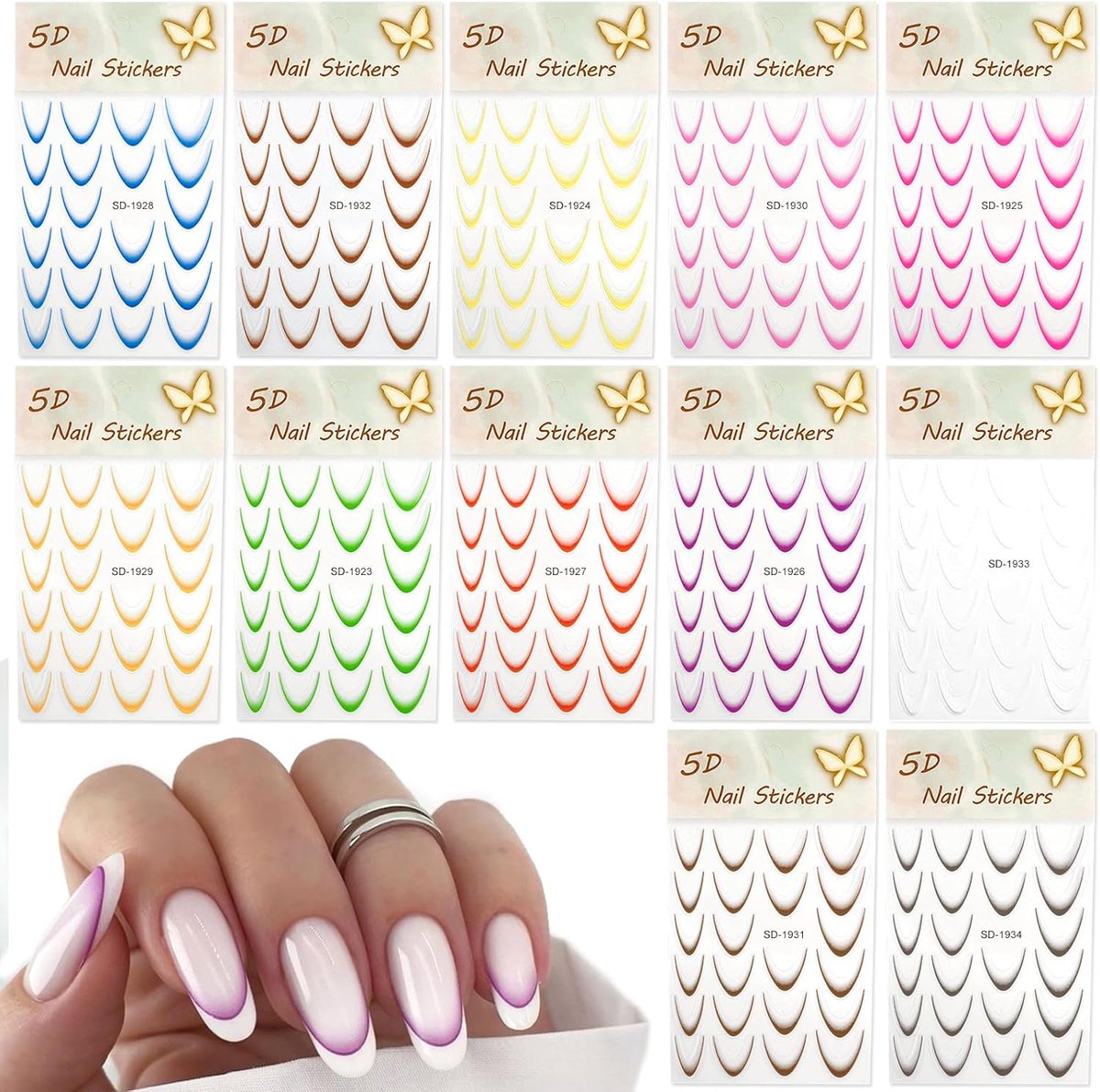 SnelShoppen - Pack van 12 Kleurrijke Franse Nagelstickers, Zelfklevende Nagelkunst Stickers, DIY Nail Art Accessoires voor Feest en Dagelijks Gebruik,