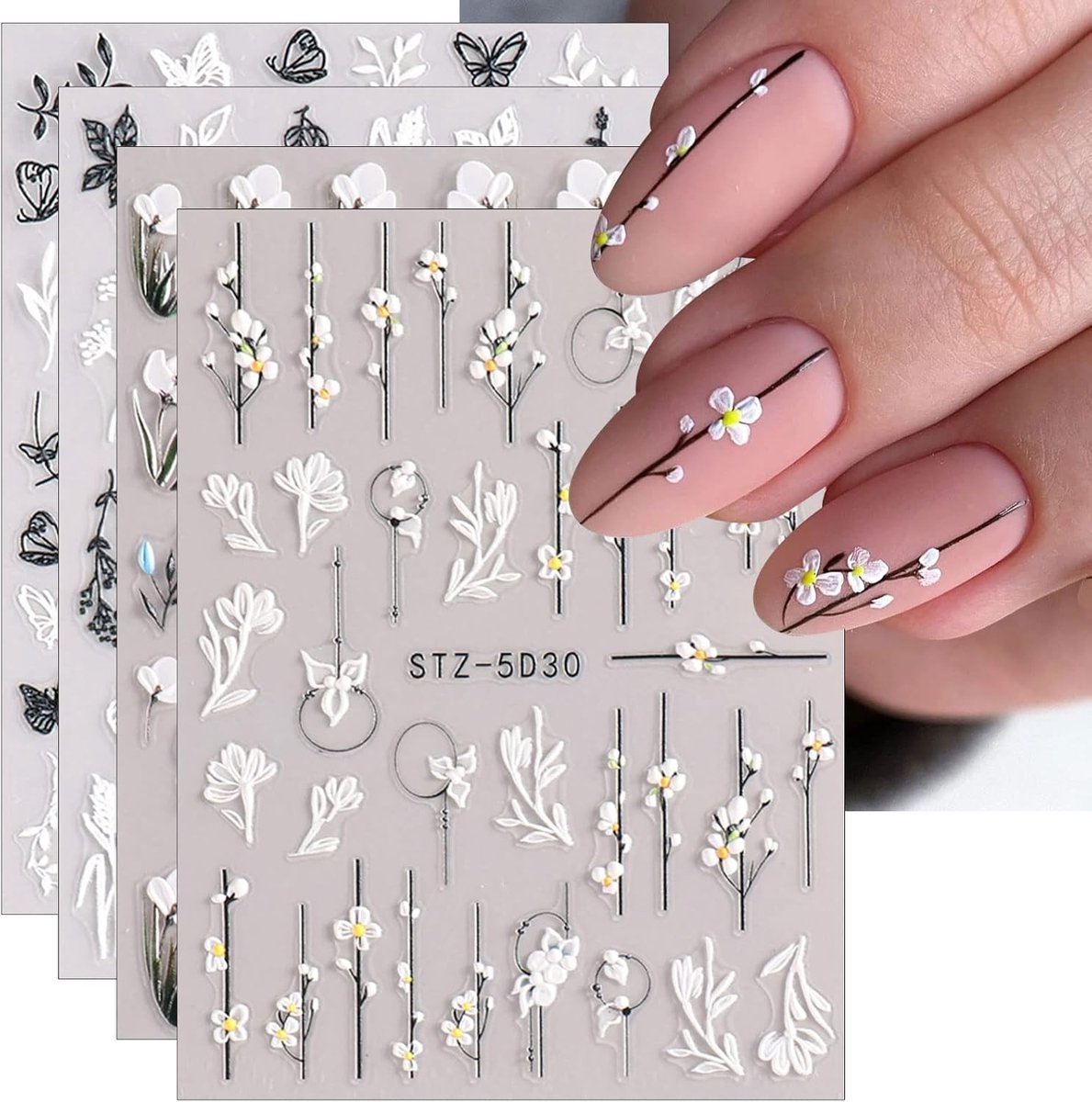 SnelShoppen - 3D Lente Bloem Nail Art Stickers - 4 Vellen Zelfklevende Nagel Stickers - Nail Decoratie voor Feest, Dagelijks Gebruik - Elegante Patroo