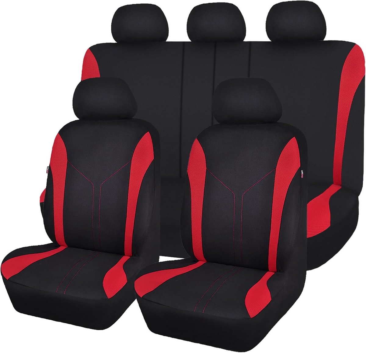 SnelShoppen - Autostoelhoezen Set - Mesh Stof - Polyester - Volledige Set - Zwart en Rood - Bescherming voor Voor- en Achterstoelen - Inclusief Hoofdk