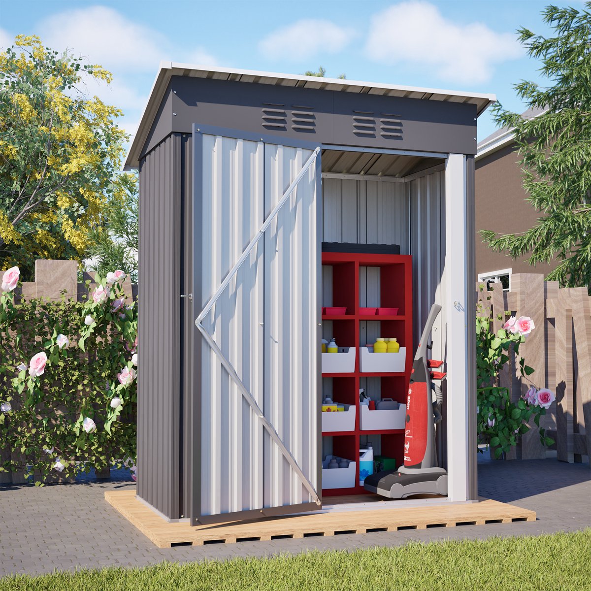 FloraGrace Tuinhuis – Afsluitbare Gereedschapsschuur – 152,2 x 83,6 x 182 cm – Gegalvaniseerd Staal – Grijs – Zonder Raam Met Plat Dak
