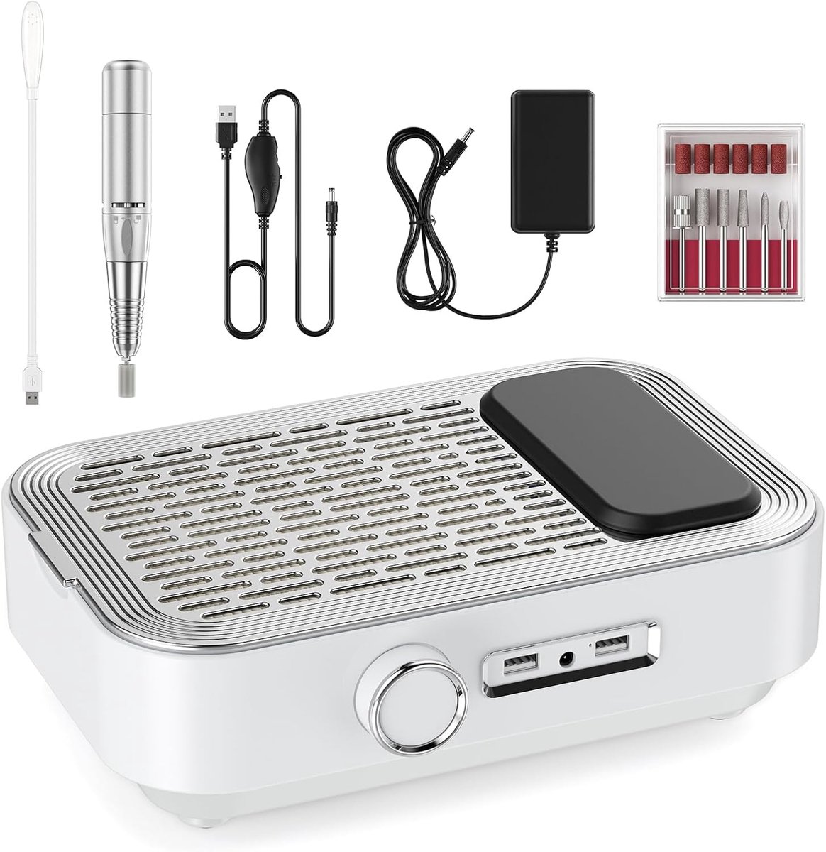 SnelShoppen - 4-in-1 Elektrische Vijl met Stofzuiger, LED Lamp en Powerbank - 45.000 rpm Professionele Nagelverzorging voor Thuis en Salon - Wit