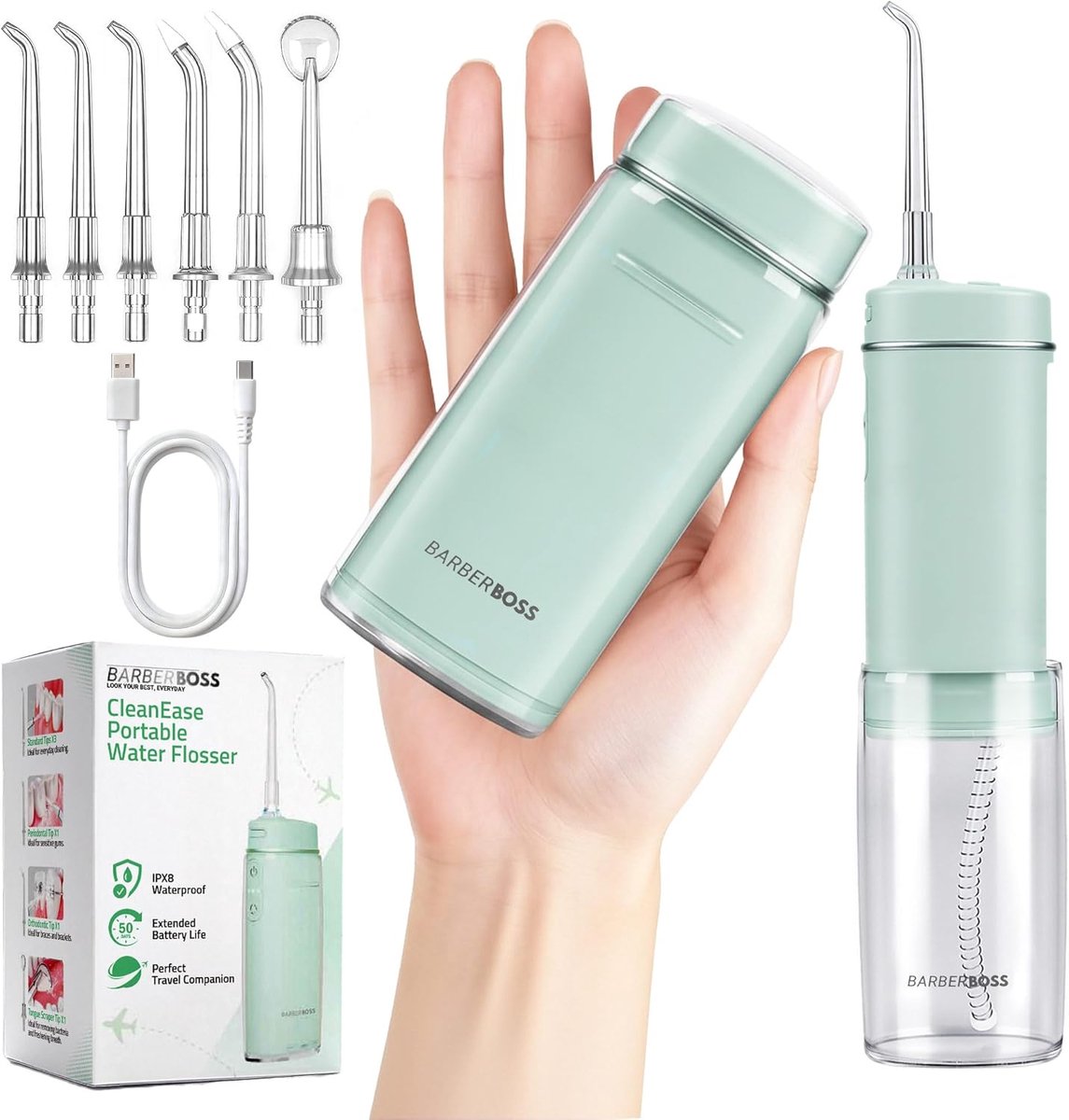 SnelShoppen - Pocket Water Flosser, Draadloze Mondspoeler met 3 Drukmodi, 6 Tips (Standaard, Orthodontisch, Parodontaal, Tongreiniger), Groen, Ideaal