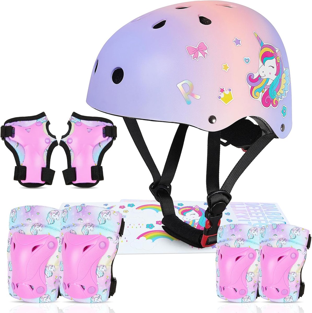 SnelShoppen - Kids Fietshelm en Beschermset met DIY Stickers - Unicorn Helm en Knie- en Elleboogbeschermers voor Kinderen 3-8 Jaar - Veiligheid voor F