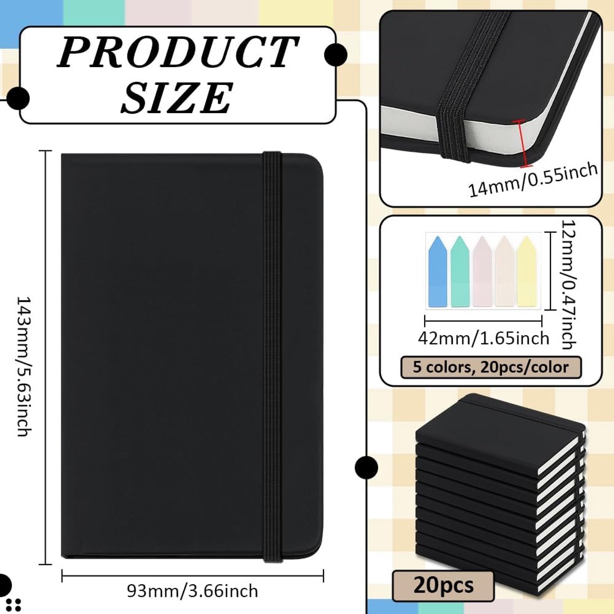 SnelShoppen - 20 Packs Kleine Notebooks A6 Hardcover Lined, Draagbaar met Plaknotities, Ideaal voor Werk, Kantoor, Notities, School, 9.5 x 14.2 cm, Zw