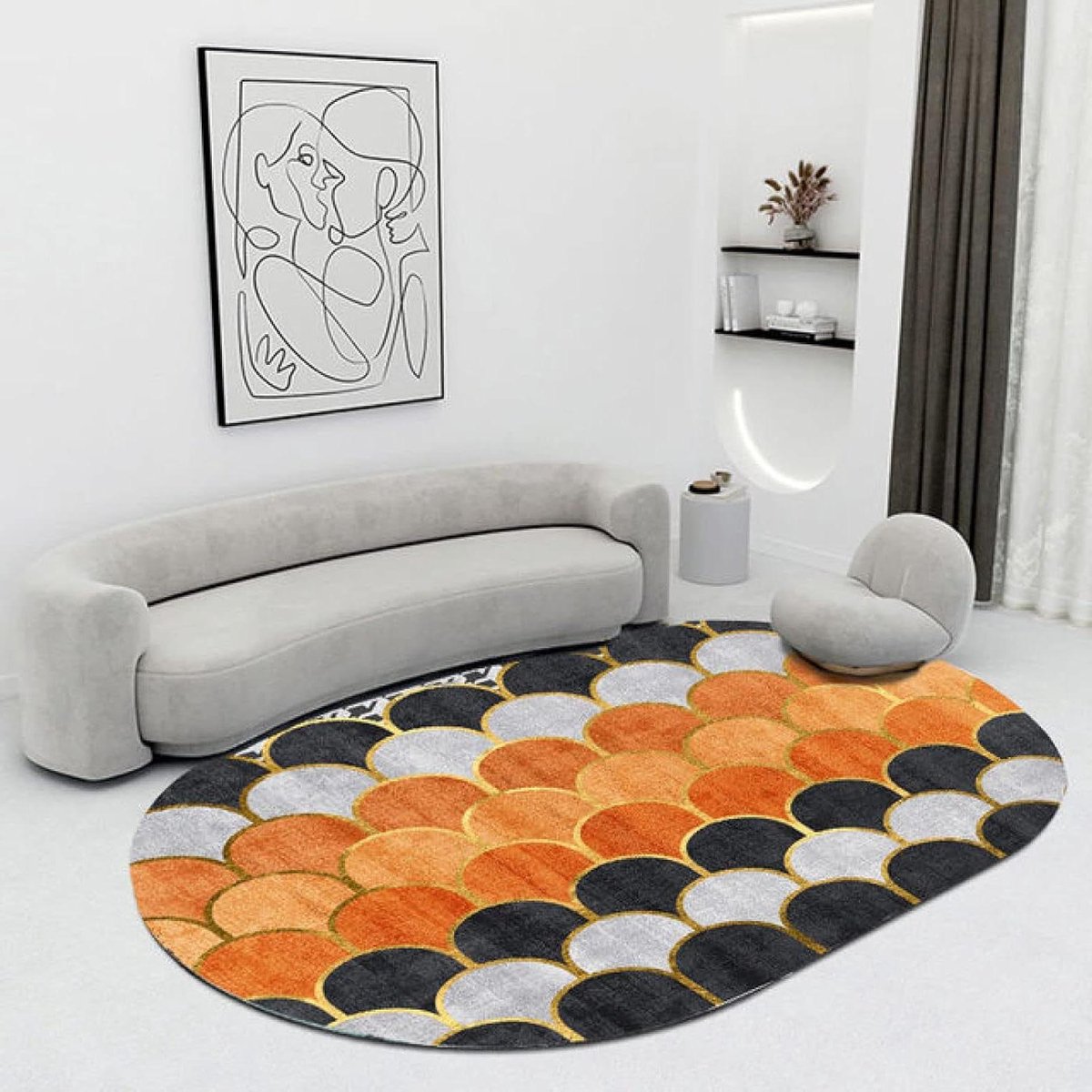 Oval Vloerkleed - Modern Kleed - Woonkamer Decoratie - Visgraat Goud Patroon - 170x240cm - Zwart Oranje Grijs
