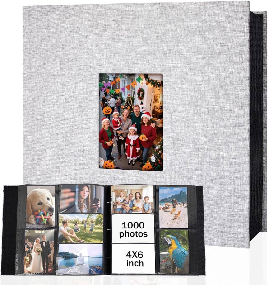 SnelShoppen - Fotoalbum 15x10 cm voor 1000 Foto's - Linnen Omslag met Voorruit - Ideaal Bruiloftsalbum, Familiefoto's, Reisherinneringen - Grijs