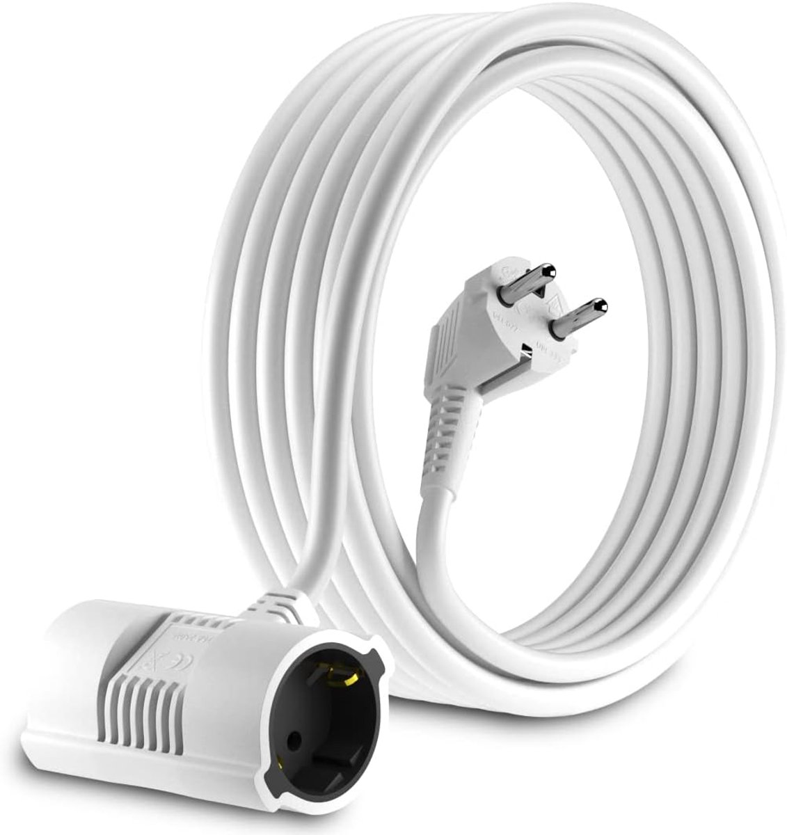 SnelShoppen - 7.5 meter Schuko verlengsnoer met 2-voudige stopcontacten IP20, gebogen EU Schuko kabel, geaarde stekker, 2x geaarde koppelingen, 250V 1