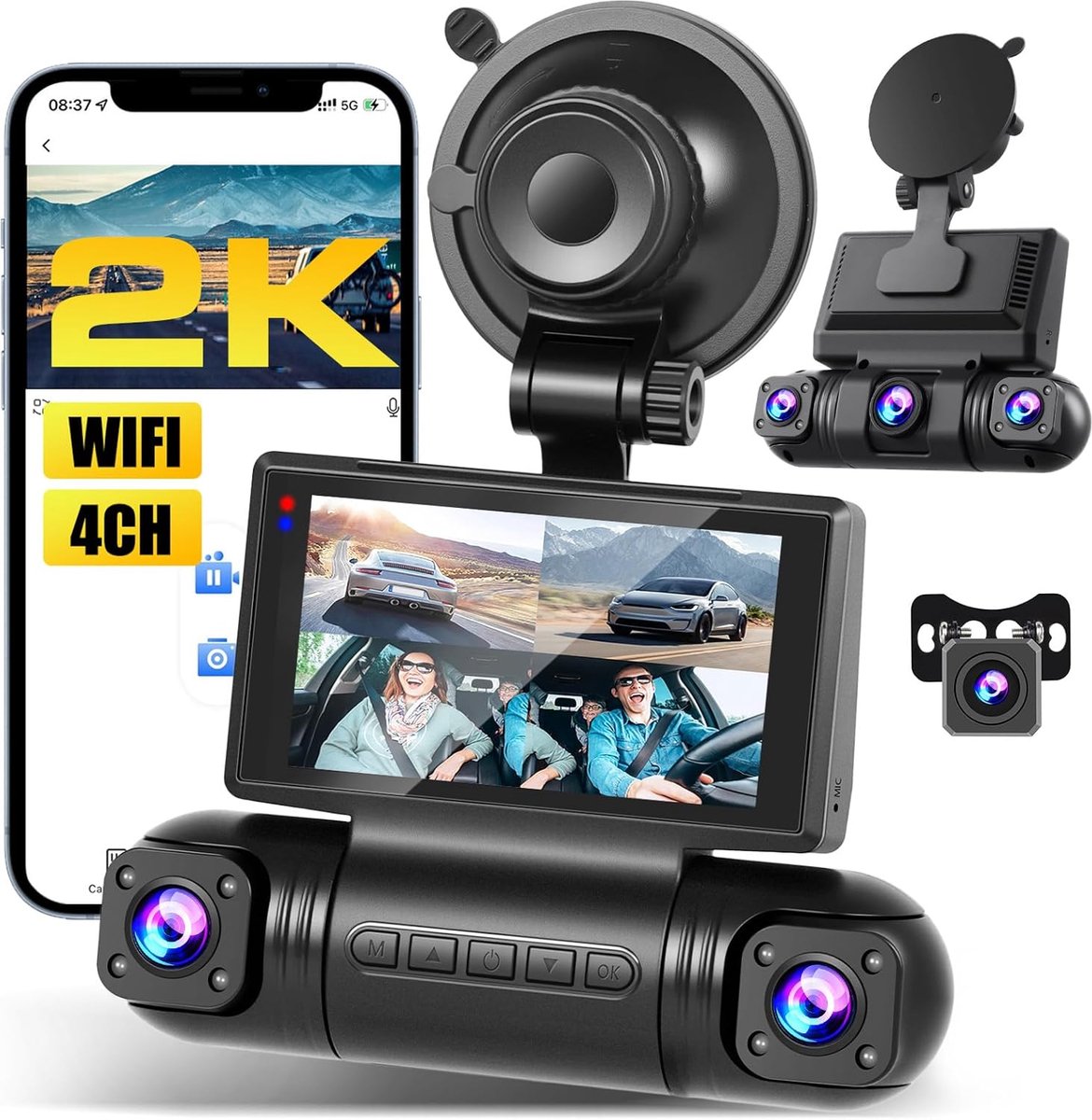 SnelShoppen - Inefala 2K WiFi Dash Cam 4 Kanalen, 360° Beeld, Nachtzicht, Parkeerbewaking, G-Sensor, 3 Inch IPS Scherm, Voor Auto's, Voertuigen, Veili