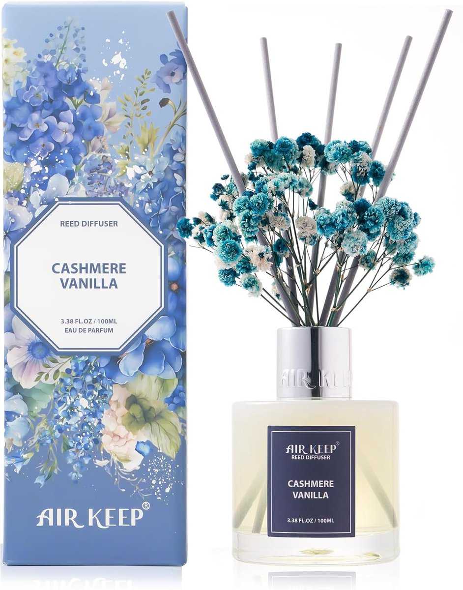 SnelShoppen - Airkeep Rietdiffuser Kaschmir Vanille Geur, 100ml Luchtverfrisser met 8 Aromastokjes voor Badkamer, Woning, Huisdecoratie, Cozy Sfeer