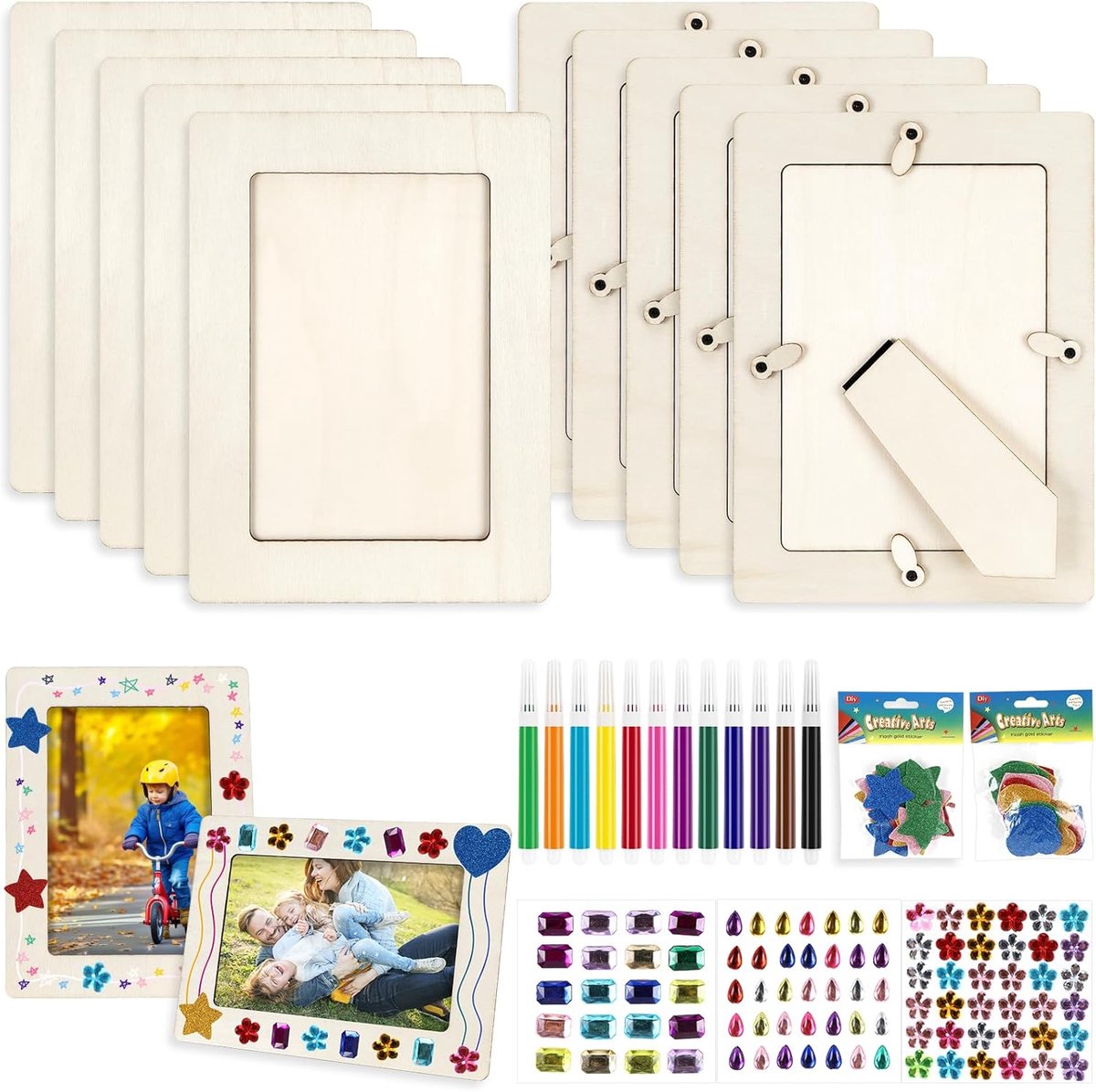 SnelShoppen - 10 Stuks Houten Fotolijsten 20 x 15 cm, Doe-Het-Zelf Knutselset met Glitterstenen, 3D-Stickers en Zelfklevende Schuimrubber, Perfect voo