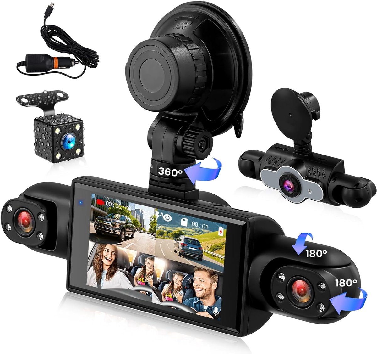 SnelShoppen - 360° Dashcam Voor en Achter - 4-Kanaals Boordcamera met Nachtzicht, Lusopname, 24-Uurs Parkeerbewaking en Parkeerhulp
