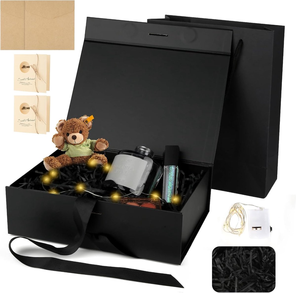 SnelShoppen - Luxe Zwarte Geschenkdoos Met Magnetisch Deksel 23x17x7 cm - Compleet Met Wenskaarten, Lichtketting, Draagtas en Lint Voor Verjaardag, Va