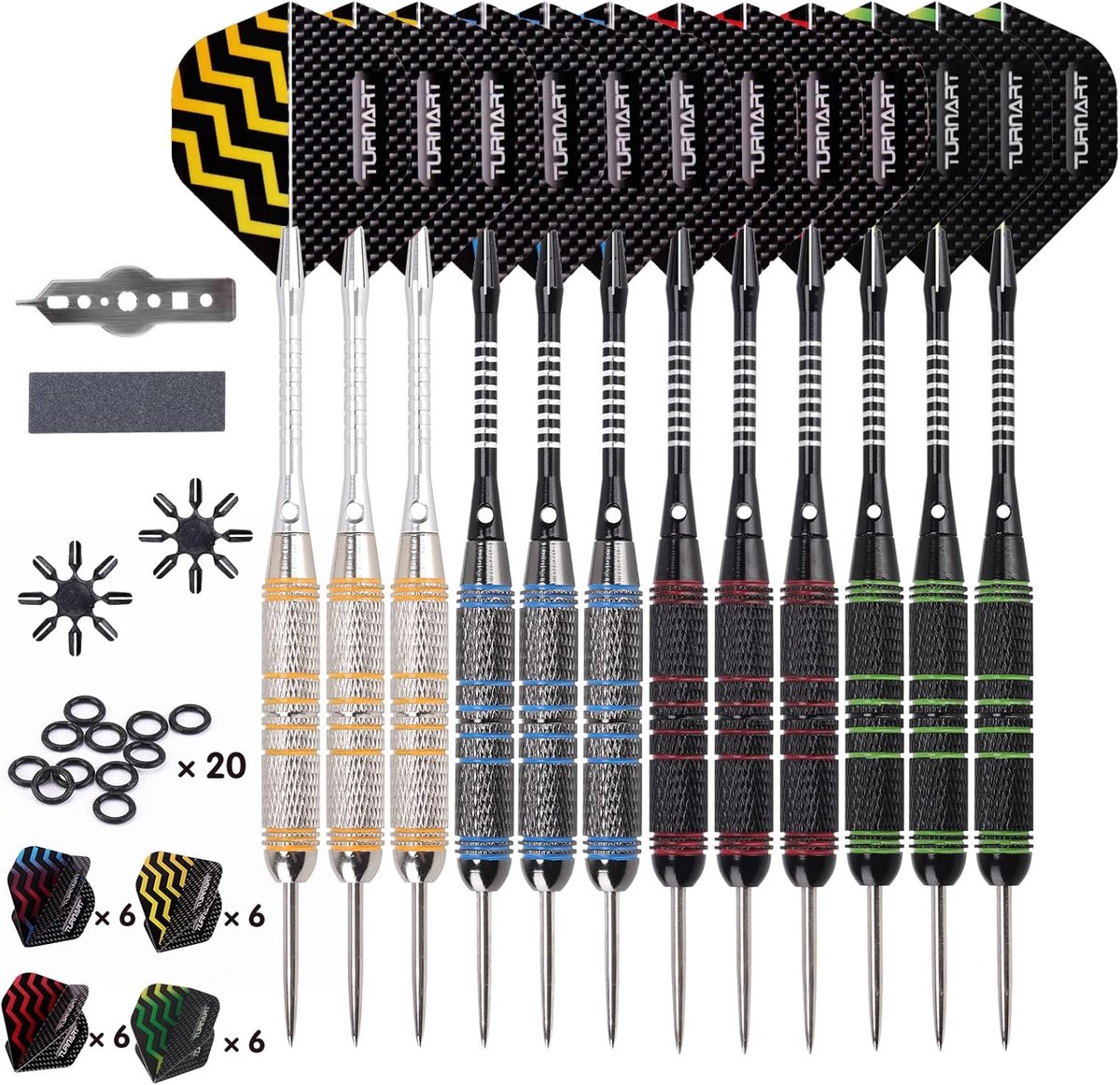 SnelShoppen - Professionele Dartpijlen 12 Stuks, 24 Gram, Metalen Punt, Aluminium Schachten, 24 Flights, 20 Antilosse Rubber Ringen - Ideaal voor Dart