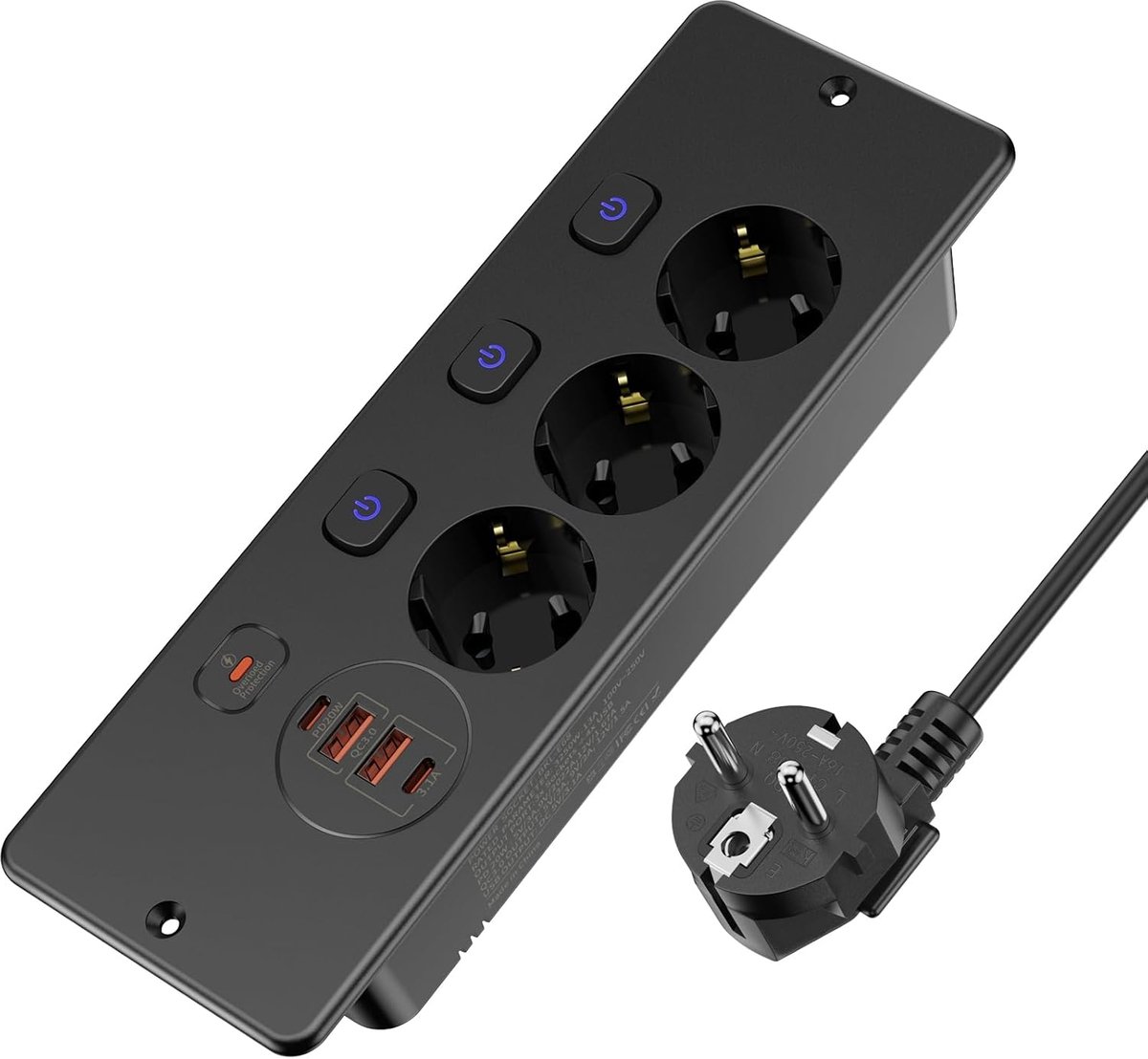 SnelShoppen - Verzonken Stopcontact 3-voudig met 2 USB C, Inbouwstekkerdoos, Meervoudig Stopcontact met 3 Schakelaars, 2m Kabel, Zwart, Perfect voor T
