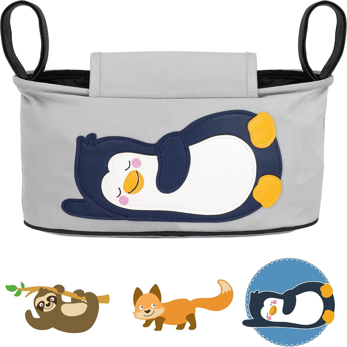 SnelShoppen - Kinderwagentas Grijs Pinguin Motief - Kinderwagen Organizer met Vakken en Disposer voor Vochtige Doekjes - Opbergtas voor Baby Buggy en