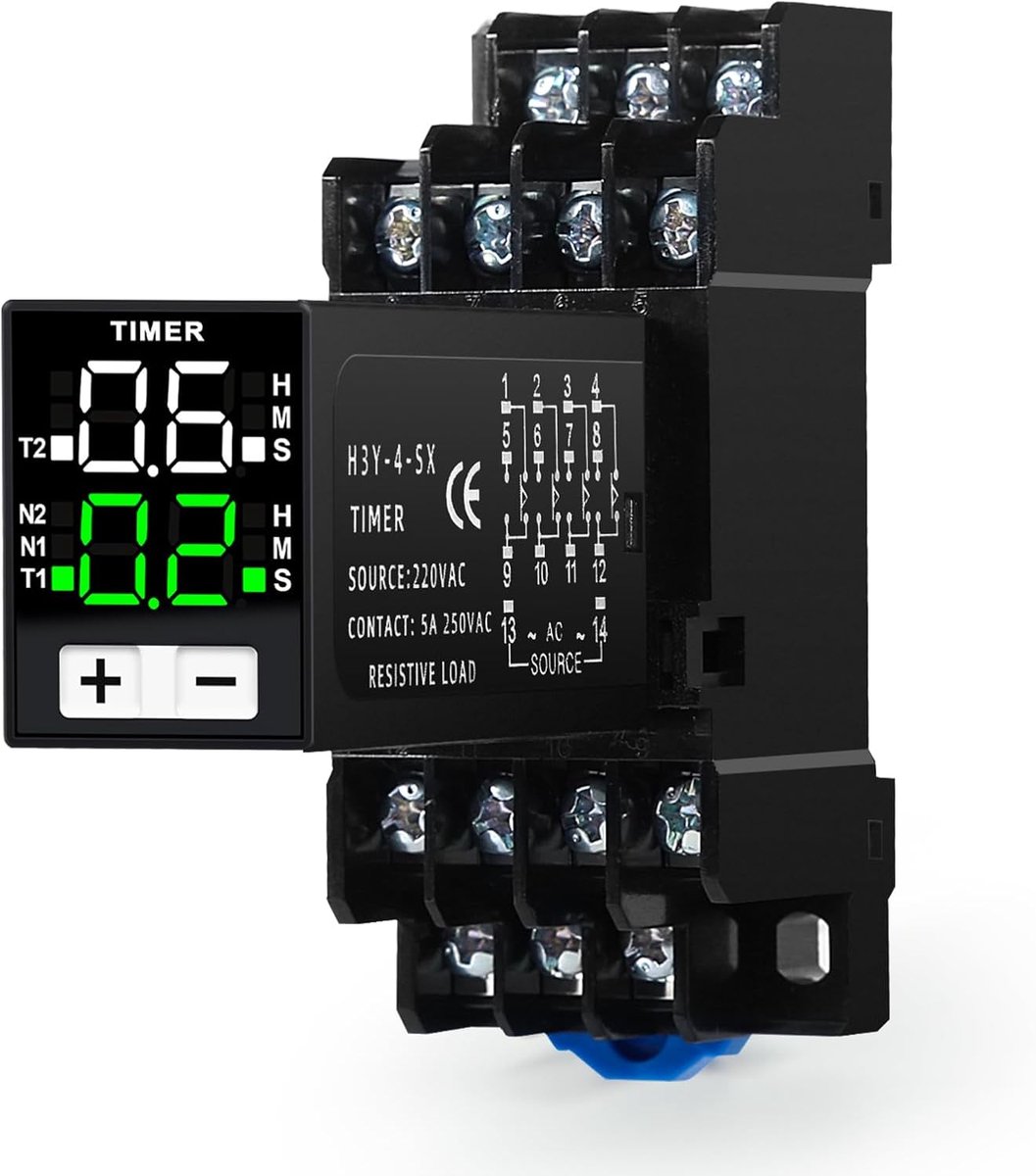 SnelShoppen - Digitale Tijdschakelaar 220V - Tijdrelais Timer 0,1s-99h - 4 Normaal Open/Normaal Gesloten - 14 Pins AC met Sokkel voor Domotica en Indu