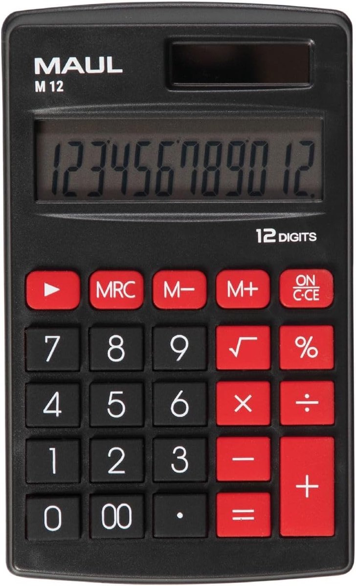 Thijox - Zakrekenmachine M12, compacte rekenmachine met 12 cijfers display, zonne-energie en batterij, standaardfuncties voor kantoor, school en thuis