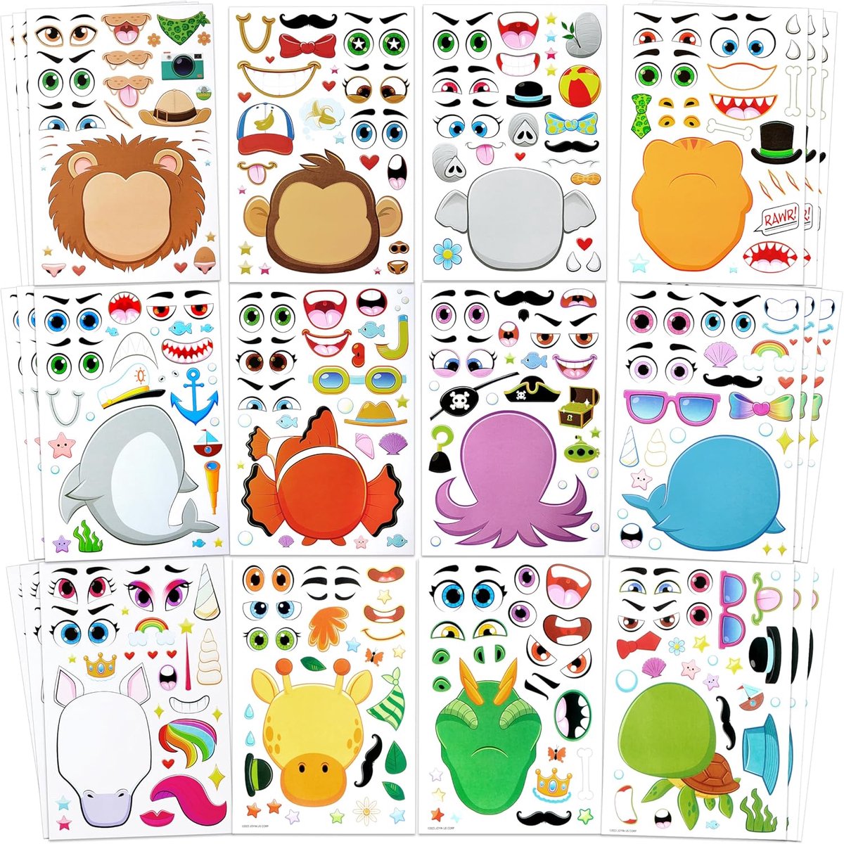 Thijox - 36 PCS Make-a-Face Stickerbladen voor Dierenmix en Match, Safari, Zee en Fantasie Dieren, Creatieve Activiteiten voor Kinderen, Feestdecorati