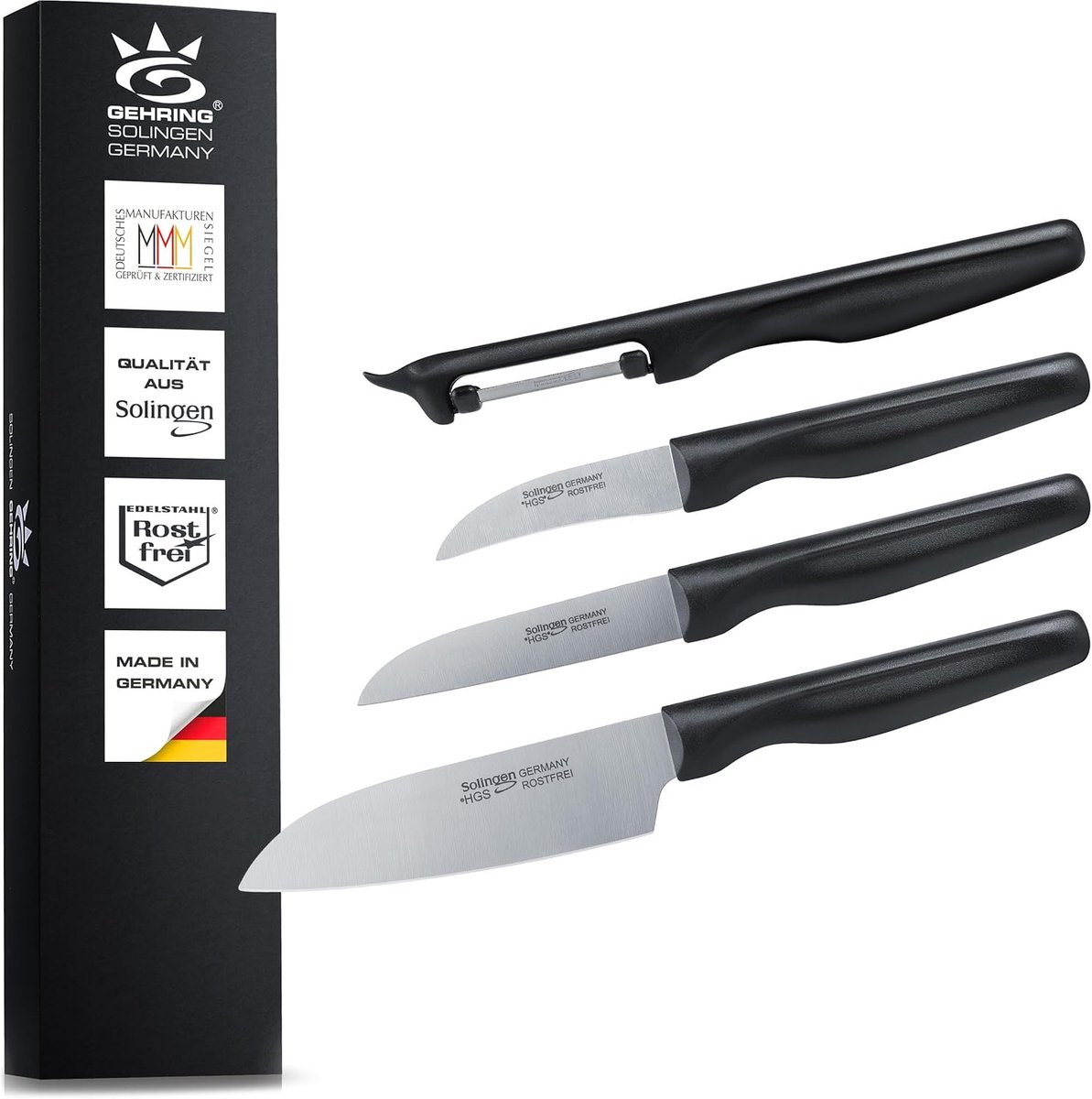 SnelShoppen - Keukenmes set 4-delig - RVS roestvrij, ijsgehard & scherp - Schilmes, Groentemes, Santoku mes & Schiller - WAVE serie - Made in Duitslan