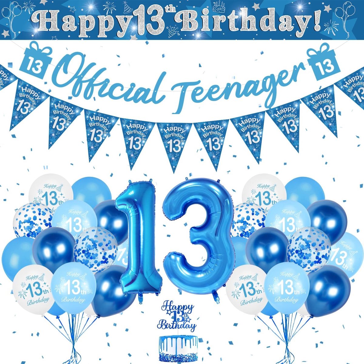 SnelShoppen - 13e Verjaardag Decoraties voor Jongens - Blauwe Ballonnen, Happy Banner, Grote Nummer Ballon 13, Vlaggenlijn, Confetti Ballonnen voor Fe