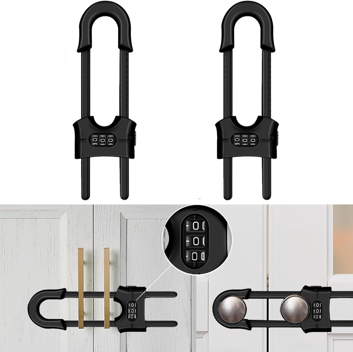 SnelShoppen - Herbruikbare Kastsloten 2 Stuks, Kindveilig Sliding Cabinet Lock, U-Vormige Verstelbare 3-Cijferige Combinatieslot voor Keuken- en Kastd