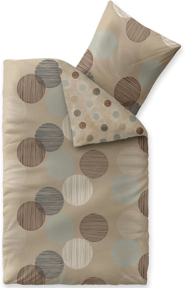 SnelShoppen - Luxe Dekbedovertrek Set 155x220 cm - 2 Delig Katoen - Fara Dots Beige Bruin Turquoise - Ademend en Huidvriendelijk - Perfect voor Slaapk