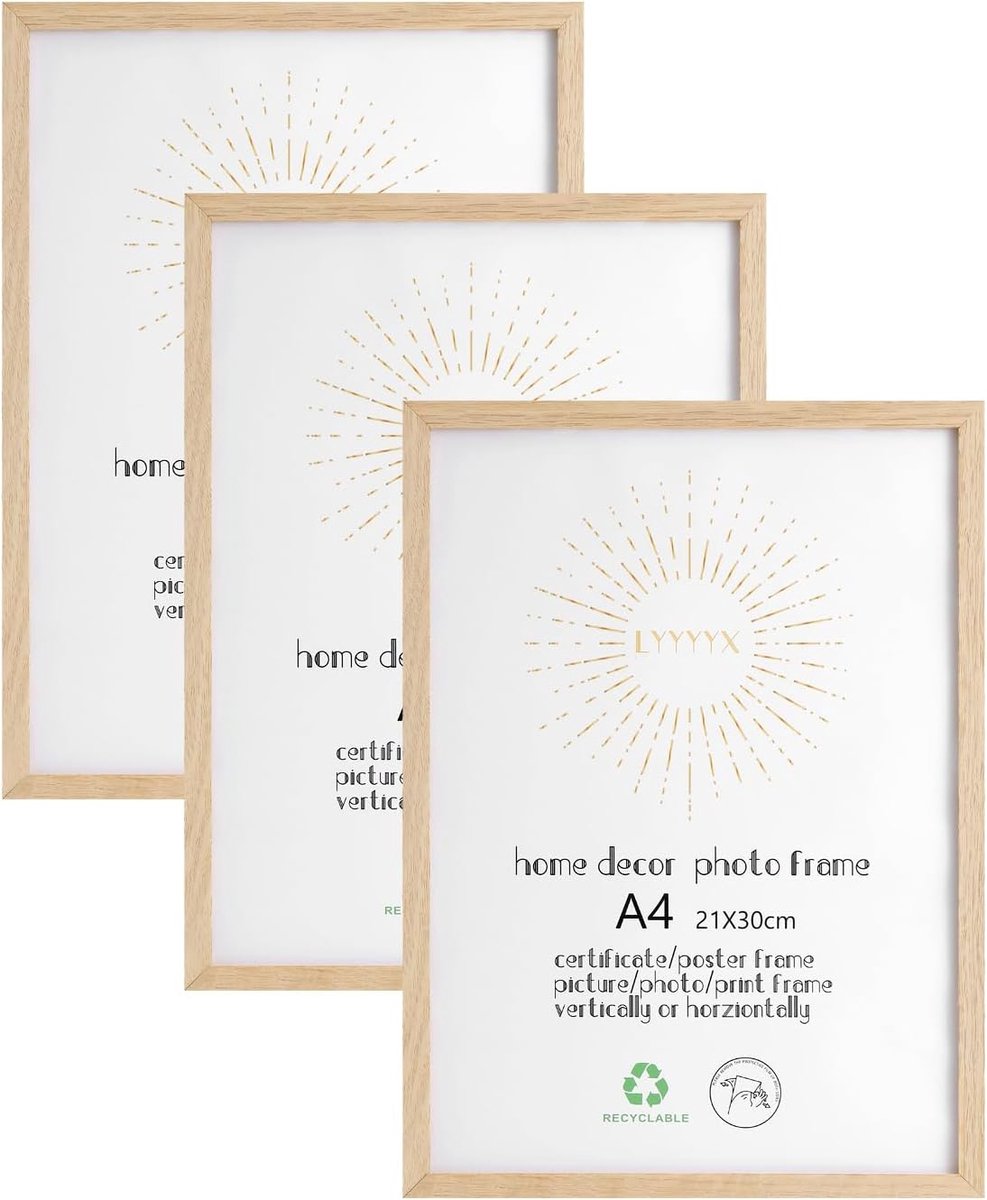 SnelShoppen - Set van 3 Houten Fotolijsten DIN A4 met Schokbestendig Acrylglas voor Muurbevestiging, Horizontaal en Verticaal, Perfect voor Foto's, Po