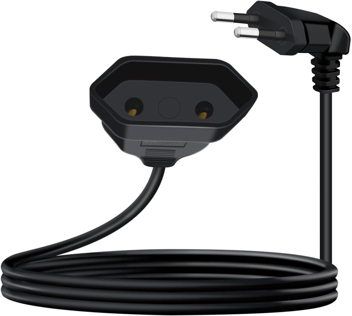 SnelShoppen - 90 Degree Euro Plug Verlengsnoer 5m - Korte Euro Stekker, 2.5A 250V - Ruimtebesparend voor Computer, TV, Monitor, Projector, Lamp - Zwar