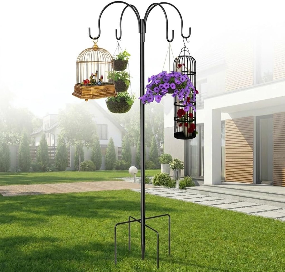 SnelShoppen - Hoofun Schaeferhaken Tuin Vogelhuis Staander 234cm | Verstelbare Tuinsteker met 4 Armen en 5 Punten, Zwart voor Lantaarns en Plantenhang